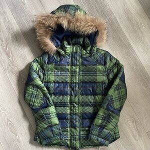 E-land Duck Down Genuine Raccoon Fur Puffer Coat Jacket Plaid Unisex Fits 12/14